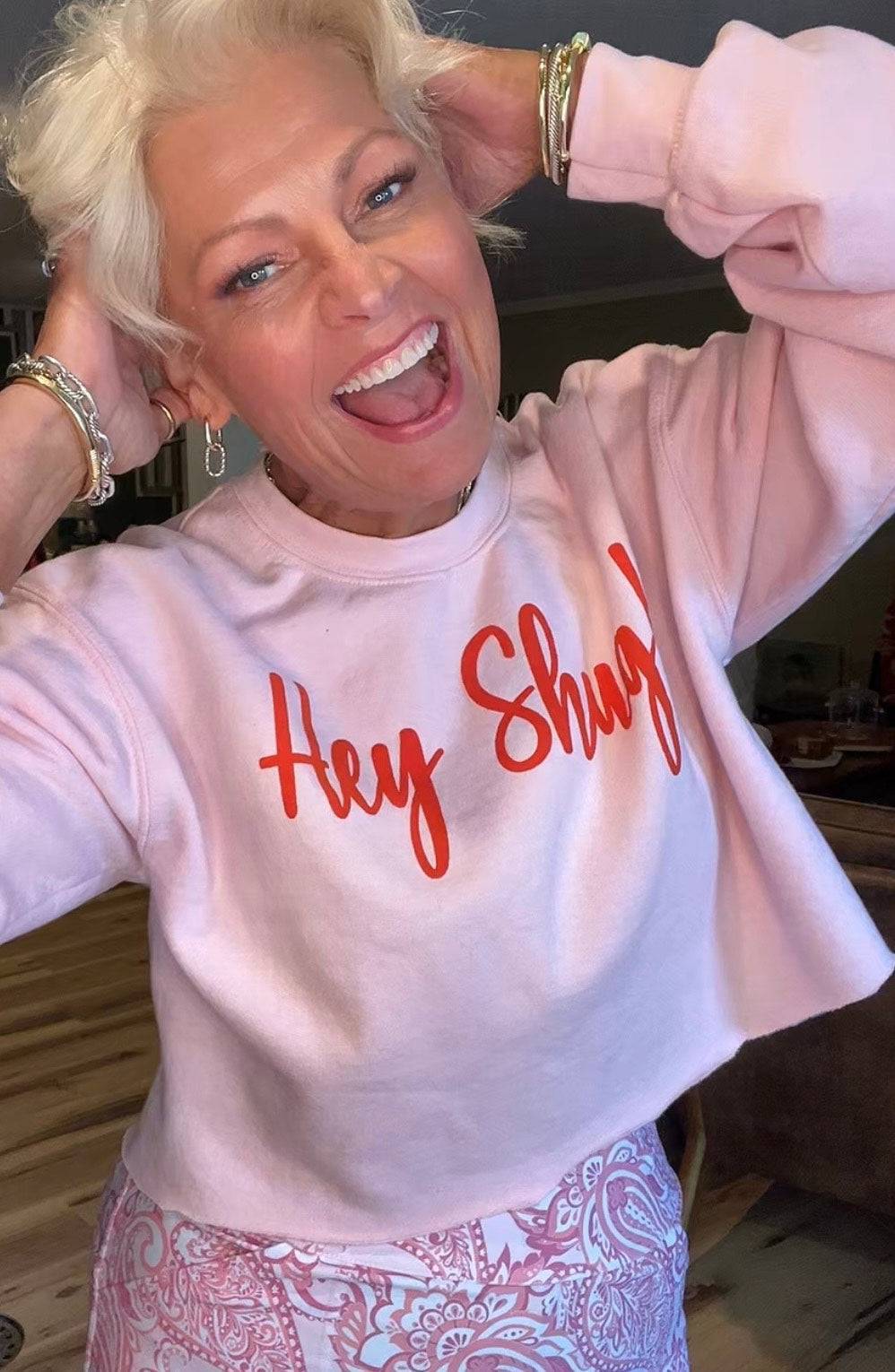 Pop Of Color! Light Pink Orange Puff Hey Shug! (R) Unisex Crew Neck Sweatshirt Crewneck Fabric - Top Drop Viral