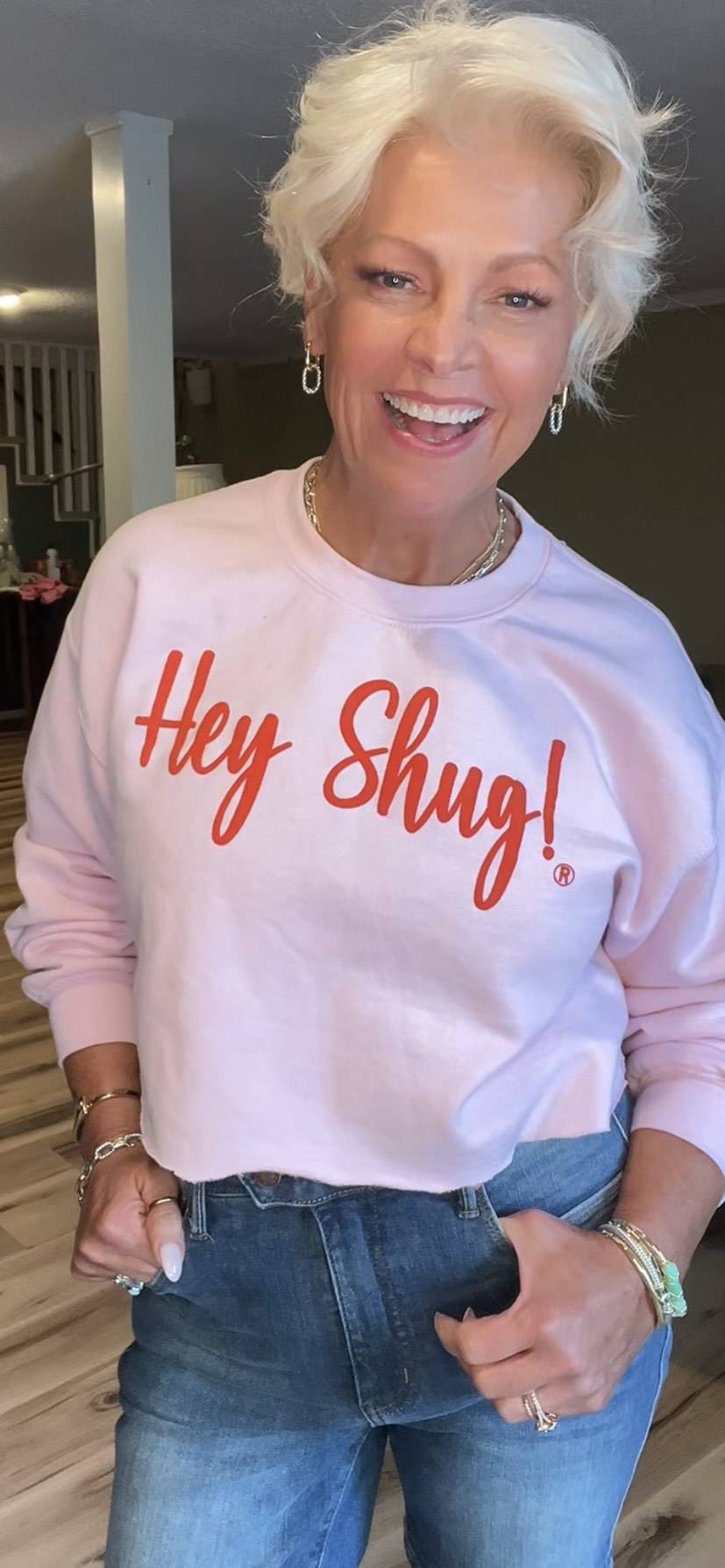 Pop Of Color! Light Pink Orange Puff Hey Shug! (R) Unisex Crew Neck Sweatshirt Crewneck Fabric - Top Drop Viral