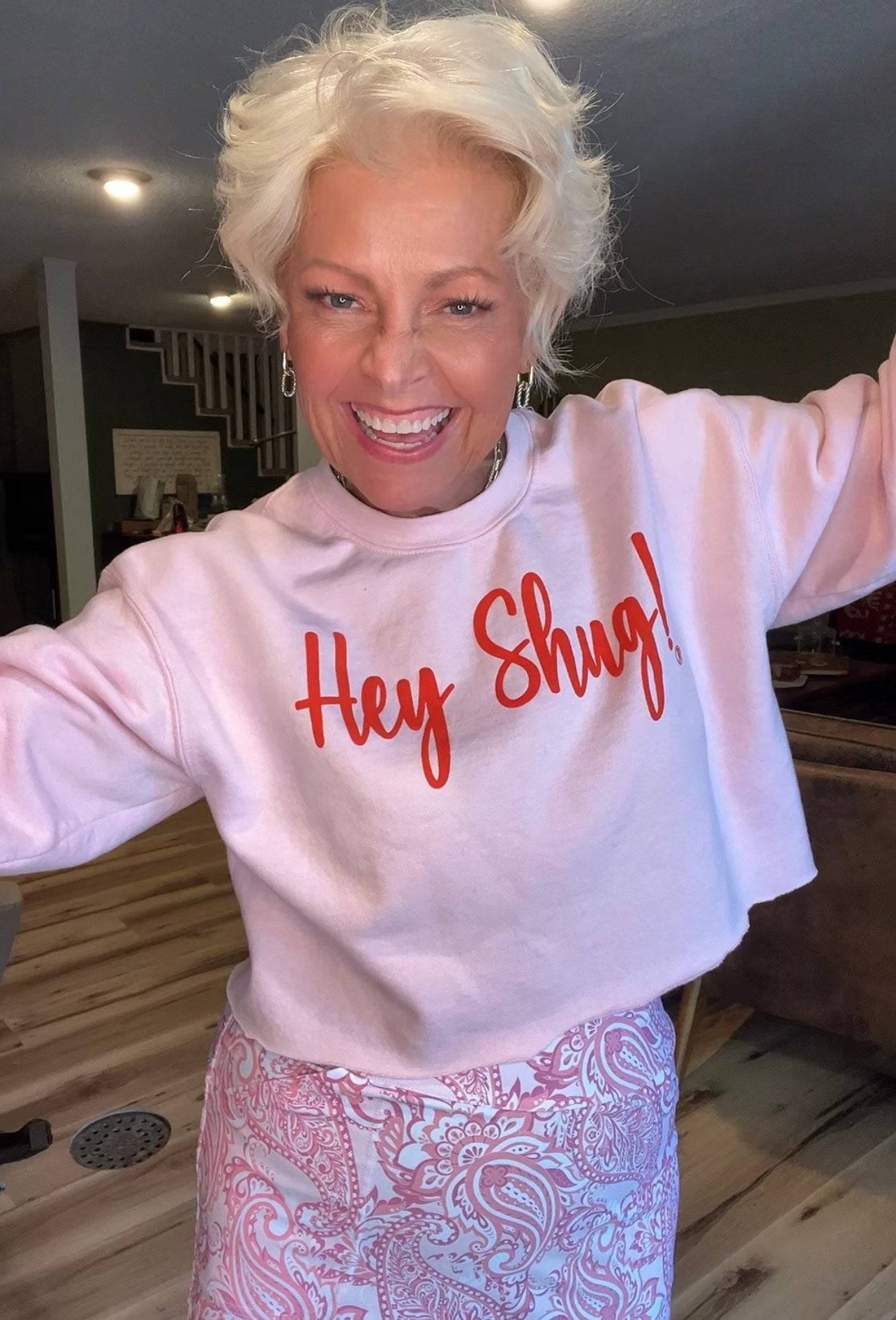 Pop Of Color! Light Pink Orange Puff Hey Shug! (R) Unisex Crew Neck Sweatshirt Crewneck Fabric - Top Drop Viral